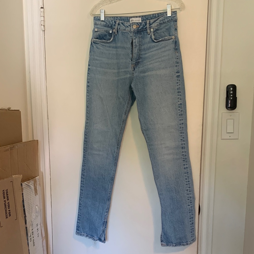 Zara Light Blue High-Rise Straight Leg Jeans